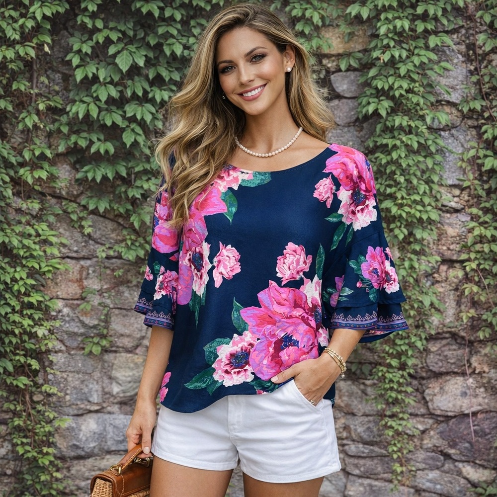 JEALOUS TOMATO Blue and Pink Floral Ruffle Sleeve Summer Blouse, S